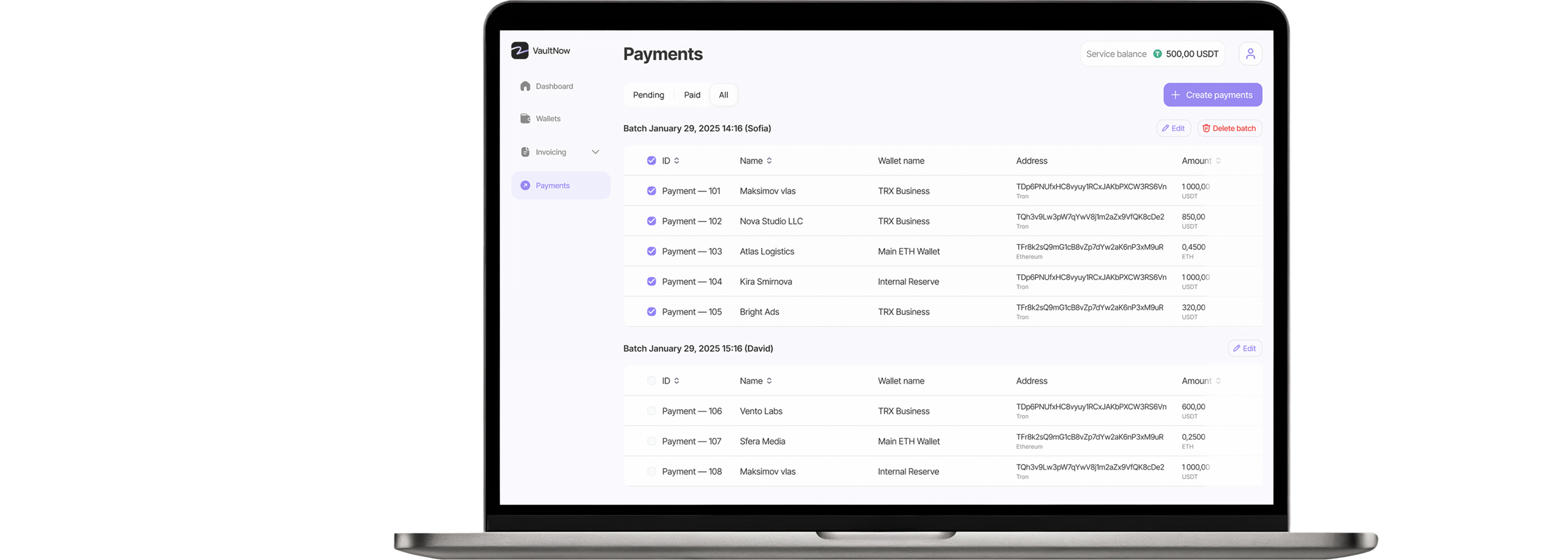 Payments dashboard